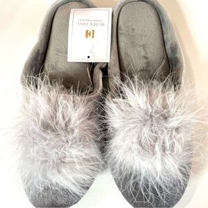 BCTEX COLL Memory Foam Plush Maribou Feathers Open Back Slippers Size 9-10 Grey